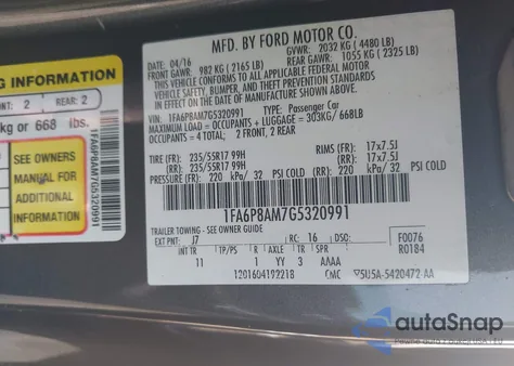 2016 Ford Mustang V6 из США, поврежденный, VIN 1FA6P8AM7G5320991